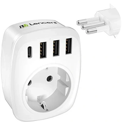 Imagen de LENCENT Adaptador Enchufe Italia, Chile de Viaje con 3 Puertos USB y 1 Tipo C, Europa España 2 Pin a Italia para Chile, San Marino, Vaticano, Uruguay, Siria, Eritrea, (Tipo L)