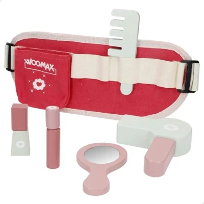 Imagen de WOOMAX 33071 Juego de Belleza Infantil, Set 6 Piezas, Cinturón Ajustable con Compartimentos y Accesorios peluquería Maquillaje Madera, Sello FSC, Juguete estética, Regalo, niñas 3 años