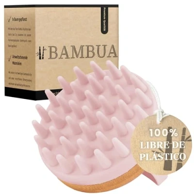 Imagen de BAMBUA Cepillo de masaje para cuero cabelludo (efecto anticaspa), cabeza al ducharse, masajeador premium, incluye libro electrónico &quot;cuero saludable&quot; (rosa)