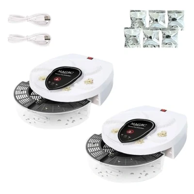 Imagen de 2X Atrapa Moscas Eléctrico Giratorio 360. Trampa para con Soporte de Pared. Mata Mosquitos Silencioso Casa, Cocina, Restaurante. Batería 72h (Recargable Cable USB Incluido)