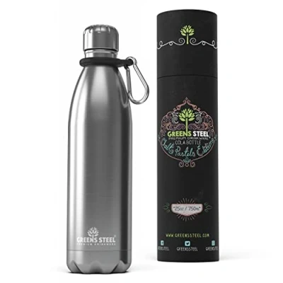 Imagen de Greens Steel Botella de Agua en Acero Inoxidable 750 ml, Plateado I Aislado al Vacío Doble Pared Mosquetón y Caja Regalo Incluidos Reutilizable, a Prueba Fugas para Adultos Niños