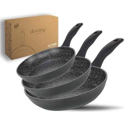 Imagen de DIVORY Juego de sartenes 3 piezas 20cm, 24cm, 28cm, inducción Sartén universal grande con revestimiento antiadherente para todo tipo cocinas apta lavavajillas (Ultime 20, 24, 28 cm)