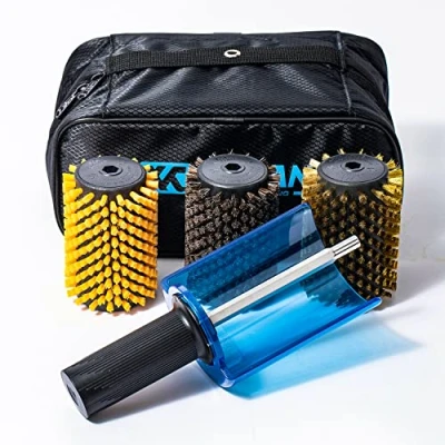 Imagen de XCMAN Juego de cepillos giratorios para esquís, Longitud 100 mm, Mango Cepillo con Escudo Seguridad y 3 cepillos: Nailon, Crin, latón
