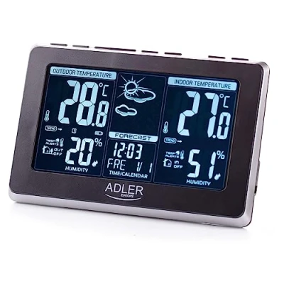 Imagen de ADLER AD 1175 Estación Meteorológica Temperatura y Humedad Interior Exterior, Sensor Inalámbrico, Pronóstico de Tiempo, Indicador Fecha Hora, Alarma