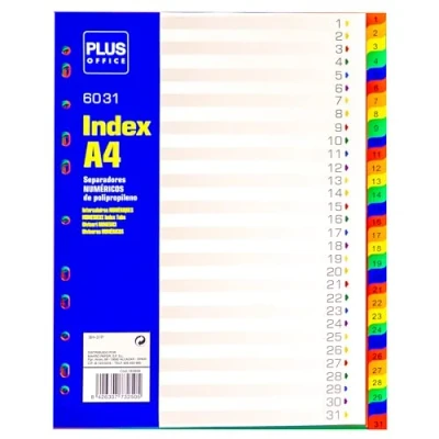 Imagen de Plus Office Separadores Numéricos A4 para Archivador, Índices Carpeta, Carpesano y Archivador de 2 a 4 anillas, Ideales Oficina Escuela (31 Posiciones)