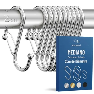 Imagen de Blau Marité 10 Ganchos en Forma de S con Sistema Anticaída. Largo: 8,5 cm. para Barras hasta 2 cm diametro. Ayuda la organización y almacenaje del hogar. (Plata, Mediano)