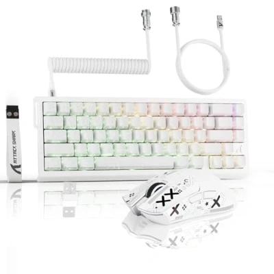 Imagen de ATTACK SHARK Combo de teclado inalámbrico X68PROHE y ratón para juegos X11, BT/2.4G/con cable, interruptor magnético disparo rápido 8KHz, PixArt PAW3311, 22000DPI, cable C01PRO en espiral Blanco