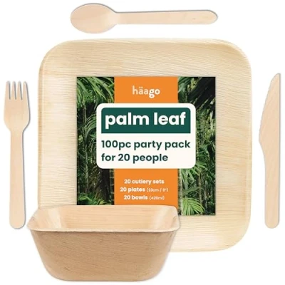 Imagen de HAAGO Juego de 100 Cubiertos Hoja Palma (20 Platos Cuadrados (22cm), 20 Boles (450ml), Cuchillos, Tenedores, Cucharas) Biodegradables y Aptos para microondas