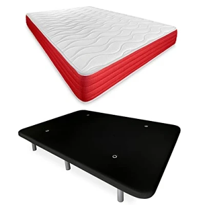 Imagen de DUÉRMETE ONLINE Cama Completa con Colchón Lite Reversible + Base Tapizada Reforzada Color Negro 6 Patas Metálicas Roscadas, 105 x 190