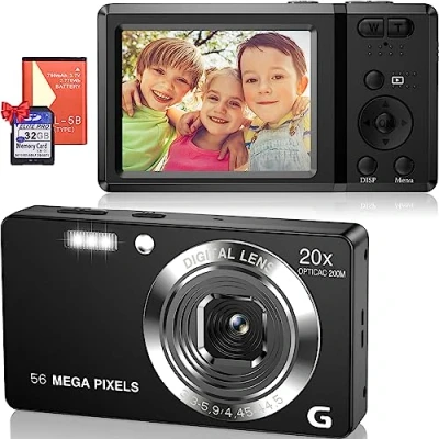 Imagen de Cámara Digital Compacta 56MP 2160P HD de Fotos 20X Zoom 2,7&quot; LCD Portátil con Tarjeta 32GB, Recargable para Niños, Principiantes, Adulto