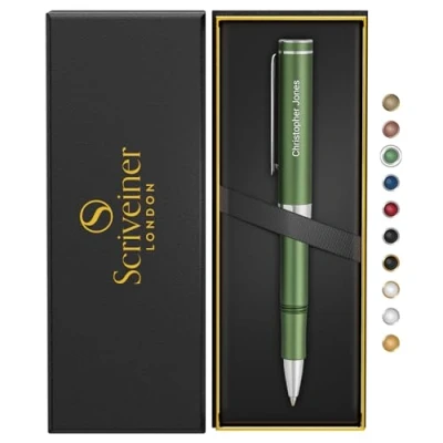 Imagen de Scriveiner bolígrafo de punta redonda verde personalizado, impresionante bolsillo con acabado cromado, escritura genial, el mejor regalo, juego regalo grabado