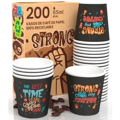 Imagen de 200 vasos de papel café 65 ml StrongLifeCUP ecológicos biodegradables desechables pequeños para bebidas calientes