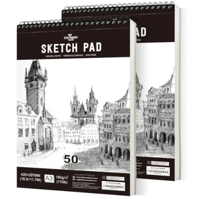 Imagen de STATIONERY ISLAND Bloc de Dibujo, A3 Sketchbook 180g/m² Papel Grueso, 100 Páginas/50 Hojas Encuadernadas en Espiral Cuaderno Dibujo Pack 2