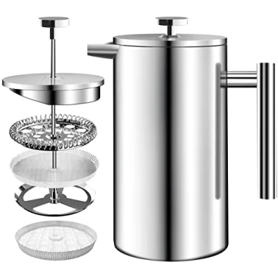 Imagen de KICHLY Cafetera de prensa francesa acero inoxidable espresso y tetera con triple filtro Vidrio resistente al calor émbolo 34 oz (1,0 litros) Plateado
