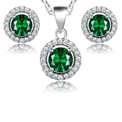 Imagen de Crystalline Azuria Mujer 18ct Chapado en Oro Blanco Redondo Esmeralda simulada Verde Cristales de Zirconia Juego joyas Collar con Colgante 45 cm Pendientes