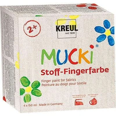 Imagen de KREUL 28400 Mucki Juego de 4 botes Pintura textil para dedos 150 ml vegana a base agua sin parabenos, gluten ni lactosa