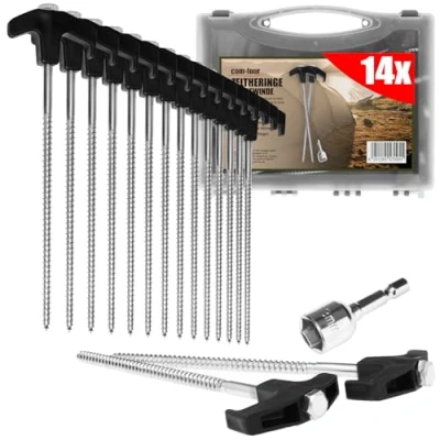 Imagen de COM FOUR® 14x estacas para tienda de campaña acero con adaptador destornillador inalámbrico atornillables en estuche transporte roscadas estables acampar y exteriores