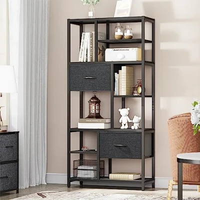 Imagen de YITAHOME estantería de 7 niveles con cajones, estante pie para libros, industrial marco acero sala estar, oficina, estudio, pasillo, cocina, color negro