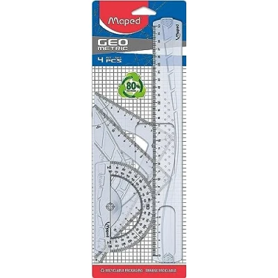Imagen de Maped Reglas Escolares Geometric Maxi Kit de 4 Piezas 1 Regla 30 cm, Cartabón Escolar 45, Escuadra 45 y Transportador 180 Diseño Transparente con Graduaciones Impresas