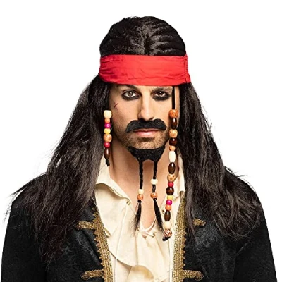 Imagen de Boland 86343 Peluca Pirata Tobías con pañuelo, barba, bigote y perlas, pelo artificial, peinado, bandido, ladrón, capitán, accesorio, Fiesta temática, carnaval