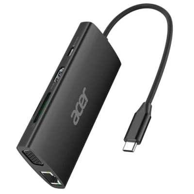 Imagen de Acer Hub USB C con HDMI 4K, Adaptador Ethernet 9 en 1, Estación de Acoplamiento a 3.1 5Gbps, Carga PD 100W, Lector Tarjetas SD, VGA para MacBook, Acer, Laptops (Negro)