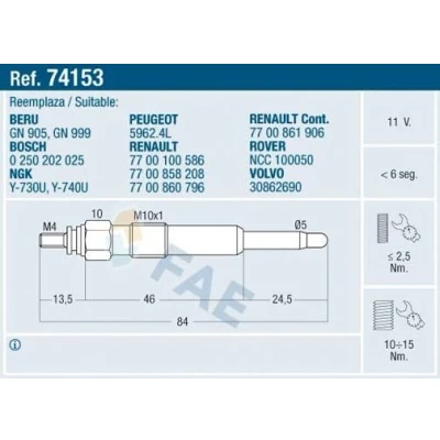 Imagen de FAE 74153 Bujía de precalentamiento 11V M10x100 RENAULT: Scénic 1, MEGANE LAGUNA LAND ROVER: Freelander I SUV Cabrio,