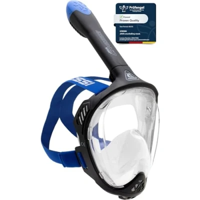 Imagen de CRESSI Java Full Face Mask Black/Blue S/M Máscara Integral para Snorkeling, Lente Ultra Clara Antivaho, 100% Silicona, Tubo Seco con Válvulas de Seguridad, Negro/Azul,