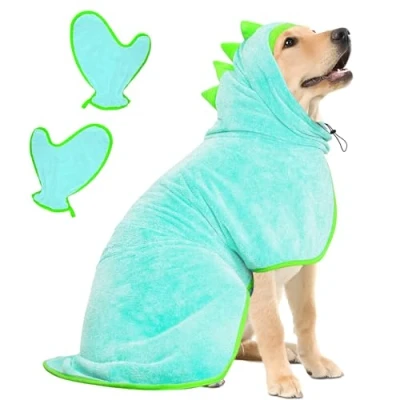Imagen de Bibykivn Albornoz para Perros con Velcro, Perro de Microfibra Absorbente Dinosaurio, Secar Después del Baño y la Natación (XL, Azul)