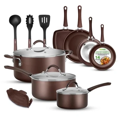 Imagen de Nutrichef carote 14 piezas, Set de sartenes, Juego ollas, Tapas, Utensilios, Antiadherentes, Libres PFOA/PFOS, Color marron