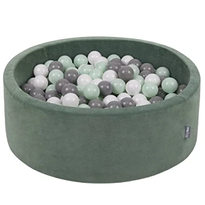 Imagen de KiddyMoon Terciopelo Piscina De Bolas 90X30cm/300 para Ninos Hecha En La UE, Verde del Bosque:Blanco/Gris/Menta