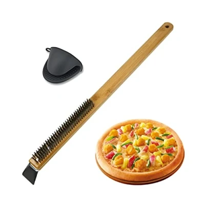 Imagen de cepillo de horno pizza, limpieza piedra pizza alambre inoxidable con raspador, herramienta parrilla barbacoa mango madera,