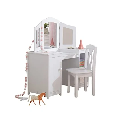 Imagen de KidKraft juego de tocador maquillaje infantil Deluxe con espejo y espacio almacenamiento silla madera, muebles para salas dormitorio niños (13018)