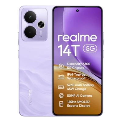Imagen de realme 14T Smartphone 5g, 8+256GB,Batería 5260 mAh,Procesador Dimensity 6300,IP69, Cámara de 50MP,Pantalla AMOLED para Esports 120 Hz,Morado relámpago,Exclusivo Amazon (Sin Adaptador)