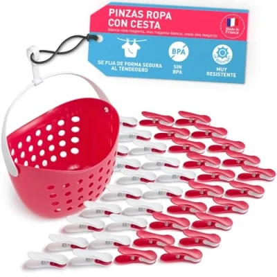 Imagen de culiclean Clips Suaves con Cesta (40 Piezas Cesta/Viva Magenta Blanco, Blanco Viva Magenta, Magenta)