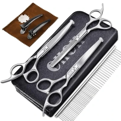 Imagen de CIICII Tijeras para Perros, 7,5&quot; Juego de Peluqueria Canina Profesional (Gato Perro Aseo Entresacar &amp; Curvas) Mascotas Bricolaje (Punta Redonda 9 Pcs Plata)