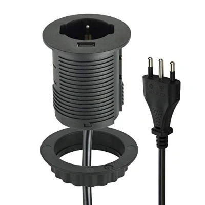 Imagen de Electraline 61909 Regleta con 1 toma Grommet polivalente (10/16 A + Schuko, empotrable para escritorio USB Quick Charge 2 A, cable de m), color negro
