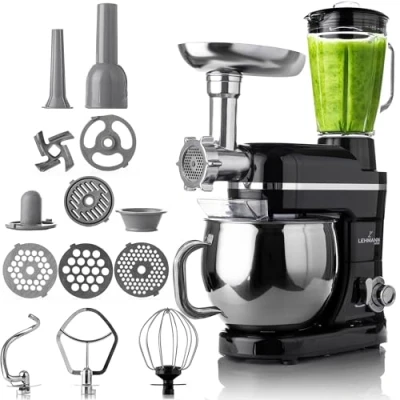 Imagen de LEHMANN Robot de Cocina Multifuncion 3 en 1, Batidora Amasadora con Función Picadora Carne y Batidora, 5.5L Cuenco, 1,5L Jarra, 6 Funciones Regulación Pulse, kit Accesorios (Negro)
