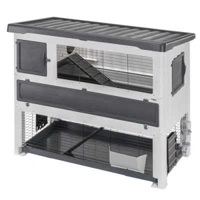 Imagen de Ferplast Conejera de Dos Pisos Grand Lodge 140 Plus, Jaula Exterior para Conejillos Indias, Resistente Resina termoplástica, Accesorios incluidos, 134 x 73 h 117 cm Gris