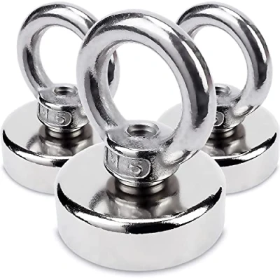 Imagen de Sensei 3 piezas imán anular de neodimio Ø25 x H32 mm, muy potente en carcasa acero, fuerza atracción 20 kg, gancho magnético