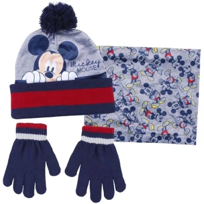 Imagen de Disney Juego de 3 piezas gorro + guantes bufanda Mickey Mouse para niños, azul / rojo, 2 8 años