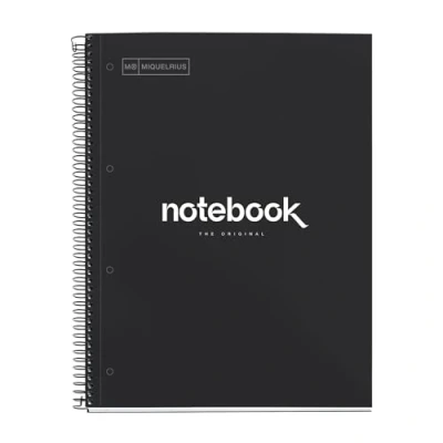 Imagen de Miquelrius Cuaderno A4 Notebook Emotions, 80 Hojas 90 g/m², Cuadrícula 5 x mm, 1 Franja de Color, Espiral Microperforado, Cuadriculado, Tapa Extra Rígida, 4 Taladros, Negro