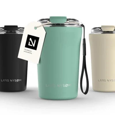 Imagen de LARS NYSØM Taza térmica Café para llevar con correa y Tapa Tritan Termo de 0,38 litros aislante Travel mug acero inoxidable a prueba fugas (Aqua Turquoise, 380ml)