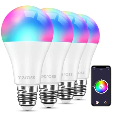Imagen de meross Bombilla LED Wifi Inteligente Multicolor RGBWW, Lámpara Regulable, 9W, E27, 2700 6500K, Compatible con Alexa, Google Home y SmartThings, Paquete de 4