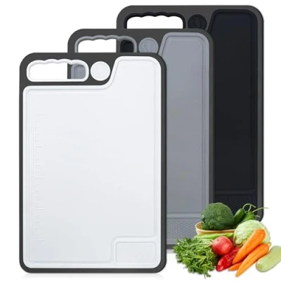 Imagen de Tabla Cortar Cocina, Juego de 3 Profesional Plástico, Grande Tablas Cocina Antideslizantes con Ranuras para Jugo y Prensa Ajos, Sin BPA, 35 x 23 cm Verduras/Frutas/Carnes