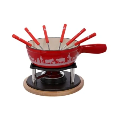 Imagen de Rotel 1510150 Juego de fondue queso, Caquelon hierro fundido y 6 tenedores, rojo, fundido, 31,5x17,5x23cm