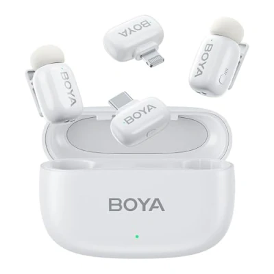 Imagen de Boyamini micrófono inalámbrico de solapa para Lightning&amp;USB C, Ultra mini con conmutación voz AI, reducción ruido y estuche carga, clip metal en TikTok Creadores contenido