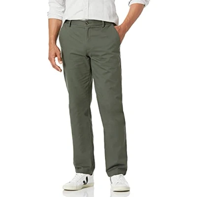 Imagen de Amazon Essentials Pantalón Chino sin Pinzas Antiarrugas de Ajuste Recto Hombre, Verde Oliva, 40W / 34L