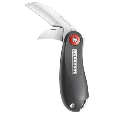 Imagen de FACOM Cuchillo de Electricista Acero Inoxidable, Navaja con 2 Hojas (Recta y Curvada), Muesca Retención, Anilla Enganche, Longitud Cerrada 104mm, 640180PB
