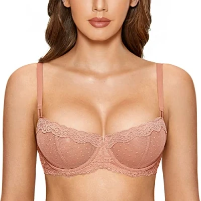 Imagen de DOBREVA Sujetador Balconette Transparente con Aros y Encaje Sexy Sin Forro para Mujer Café Crema 100C