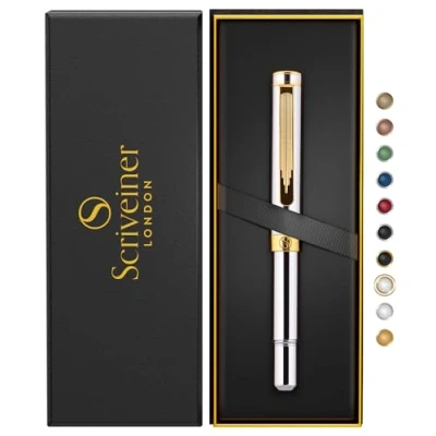 Imagen de Scriveiner Bolígrafo Rollerball EDC Cromo Plateado de Lujo, Impresionante Boli Bolsillo con Acabado en Oro 24K, Recambio Schmidt Alemán, Bonito Set Regalo Diseño para Oficina